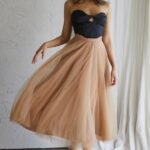 Jasmine Organza Mesh Elasticated Waist Midi Skirt Brown