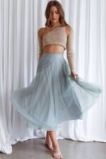 Jasmine Organza Mesh Elasticated Waist Midi Skirt Sage - Image 5
