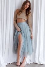 Jasmine Organza Mesh Elasticated Waist Midi Skirt Sage - Image 6