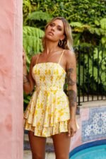 Alexandria Square Neckline Tie Back Romper Floral Print Yellow - Image 7