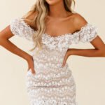 Bobby Bardot Neckline Floral Lace Overlay Dress Beige
