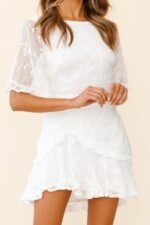 Leona Half Sleeve Frill Trim Dress Leaf Embroidered White - Image 6