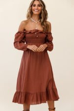 Flynn Off-Shoulder Shirred Bust Midi Dress Tan - Image 6