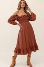 Flynn Off-Shoulder Shirred Bust Midi Dress Tan - Image 7