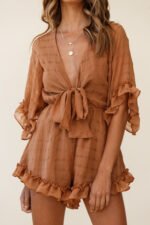 Athira Tied Bust Flared Sleeve Frill Romper Tan - Image 6