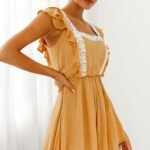 Meet Again Crochet Lace Trim Tie-Up Back Romper Mustard