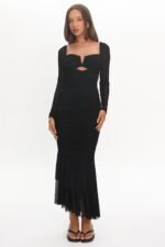 Nadia Long Sleeve Fishtail Midi Dress Black - Image 2