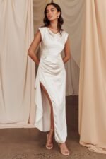Grecian Cap Sleeve Cowl Back Dress Champagne - Image 3