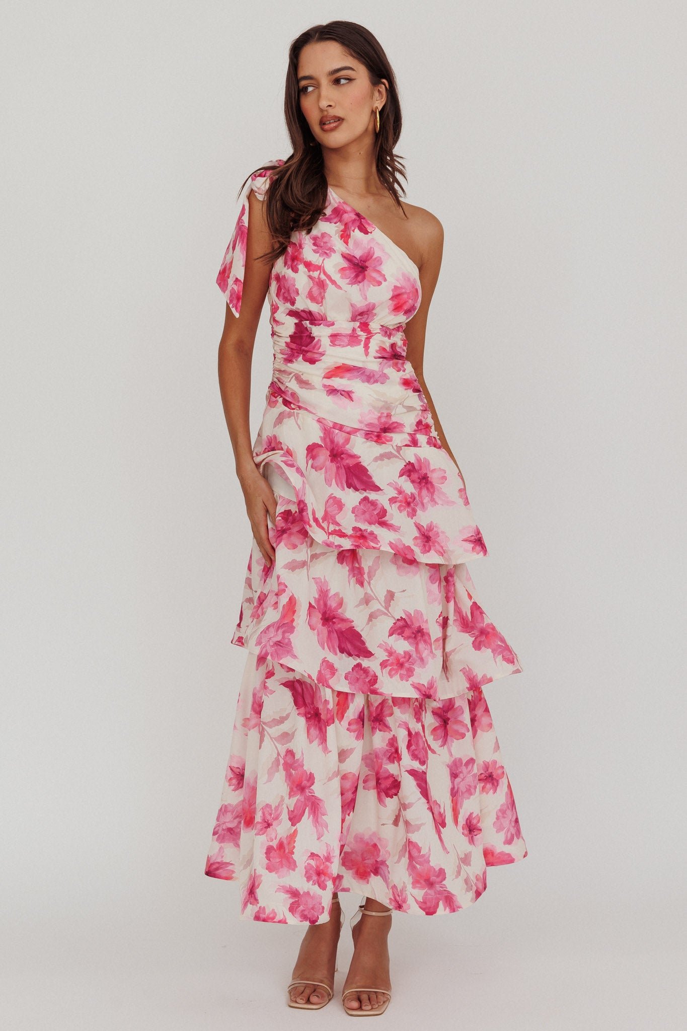 644921J03_20PINK-1 Kenny One Shoulder Tiered Floral Maxi Dress Pink - Image 1