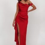 Sensations Off Shoulder Satin Maxi Dress Red