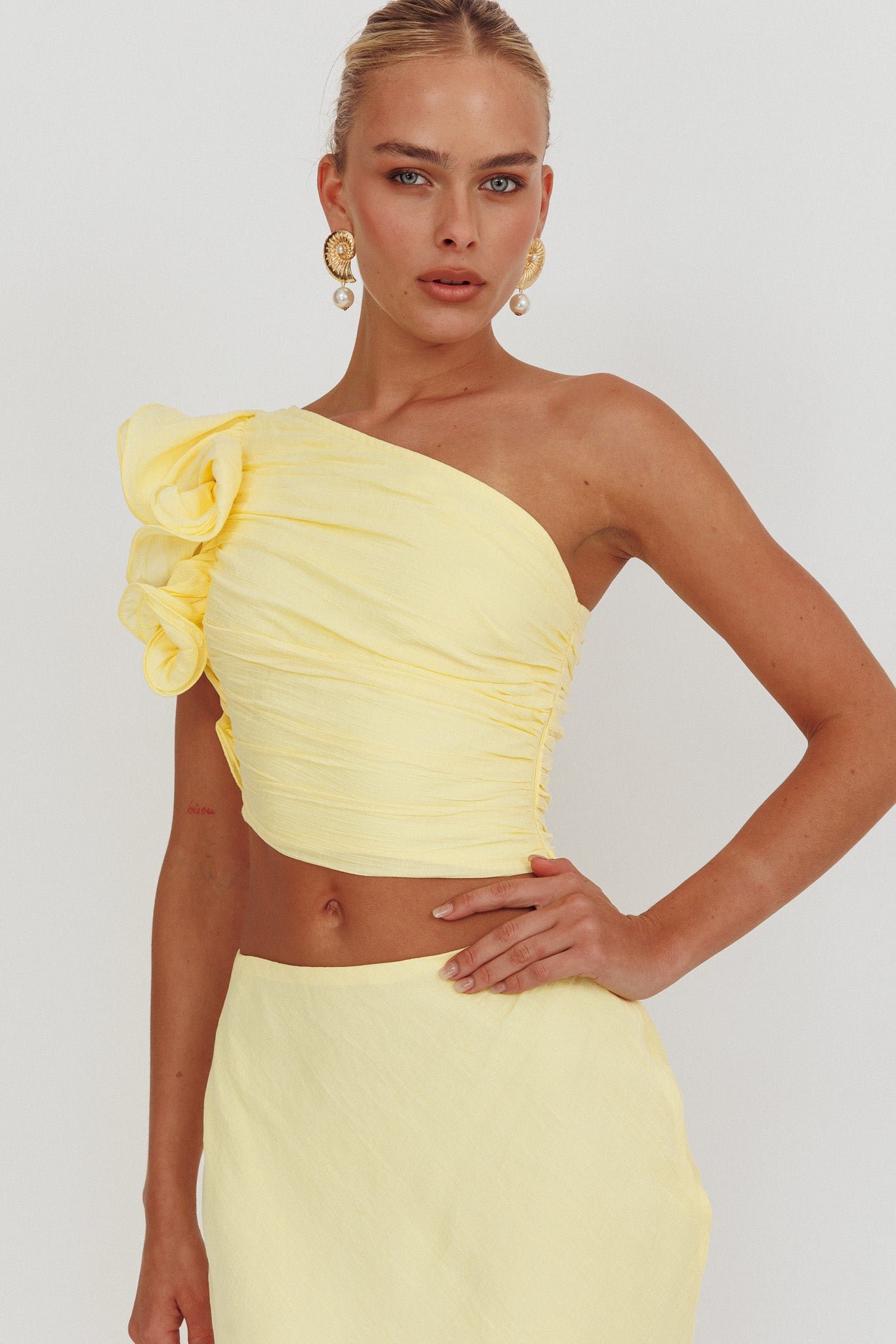 64502H05-T_20LEMON-1 Deanna One-Shoulder Ruffle Top Lemon - Image 1
