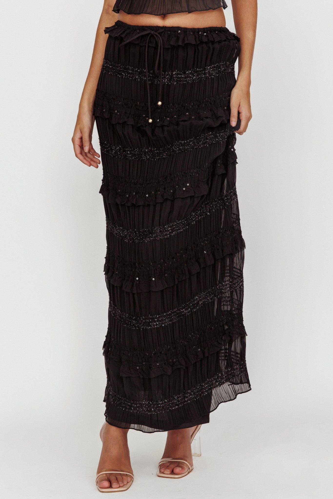 64505-S_20BLACK-4 Helios Shirred Sequin Maxi Skirt Black - Image 1