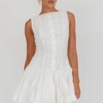 Opulent Sleeveless Bubble Hem Mini Dress Embroidered White