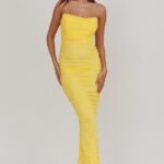 Midwest Strapless Gathered Mesh Maxi Dress Lemon