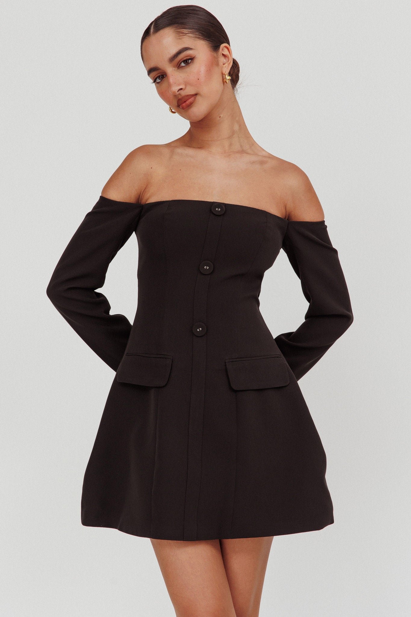 64559J_20BLACK-1 Cherry Wine Off Shoulder Mini Dress Black - Image 1