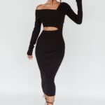 Tamar Long Sleeve One-Shoulder Midi Dress Black