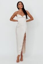 Winter Moon Strapless Lace Trim Midi Dress Champagne - Image 4
