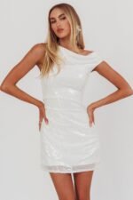 Country Club Cowl Neck Mini Dress Sequin White - Image 5