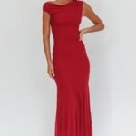 Diana Asymmetric Shoulder Godet Maxi Dress Wine