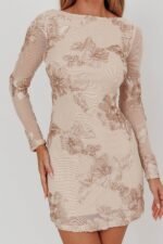 Karma Long Sleeve Scoop Back Dress Embellished Gold - Image 3