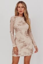 Karma Long Sleeve Scoop Back Dress Embellished Gold - Image 5