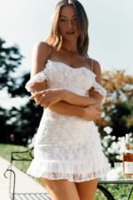 Matilda Frill Trim Lace Overlay Gold Bead Dress White - Image 10