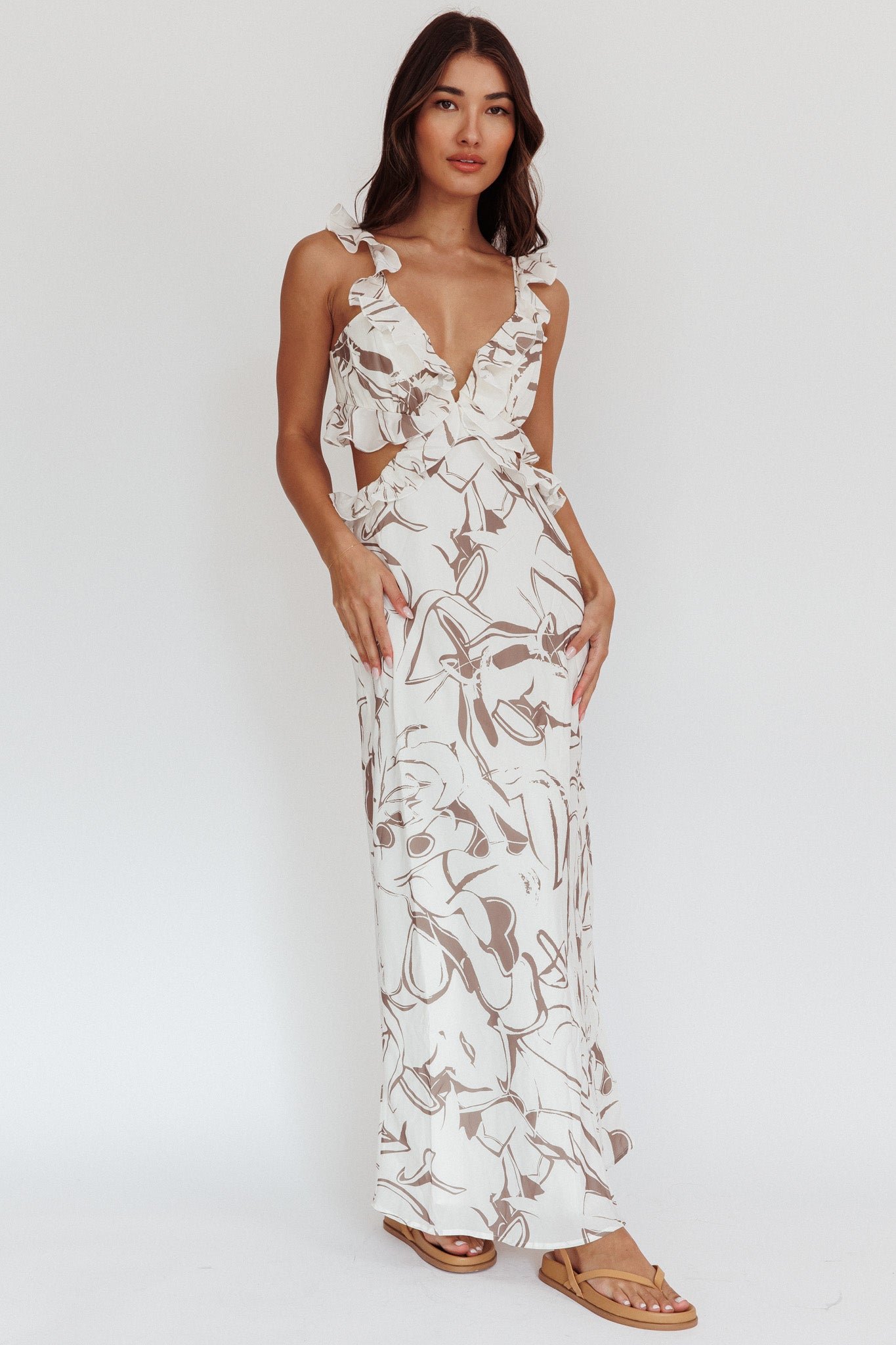 CM4077D01_20MOCHA-1 Second Chances Ruffle Trim Maxi Dress Mocha - Image 1