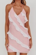 Arrabel Halterneck Contrast Ruffle Mini Dress Pink - Image 3