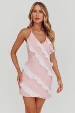 Arrabel Halterneck Contrast Ruffle Mini Dress Pink - Image 5