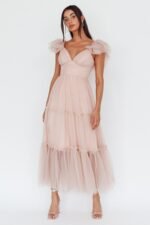 Amal Ruffle Shoulder Tulle Midi Dress Nude - Image 4
