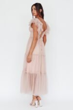 Amal Ruffle Shoulder Tulle Midi Dress Nude - Image 2