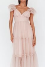 Amal Ruffle Shoulder Tulle Midi Dress Nude - Image 6