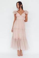 Amal Ruffle Shoulder Tulle Midi Dress Nude - Image 9