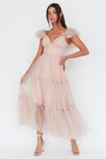 Amal Ruffle Shoulder Tulle Midi Dress Nude - Image 7