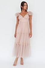 Amal Ruffle Shoulder Tulle Midi Dress Nude - Image 8