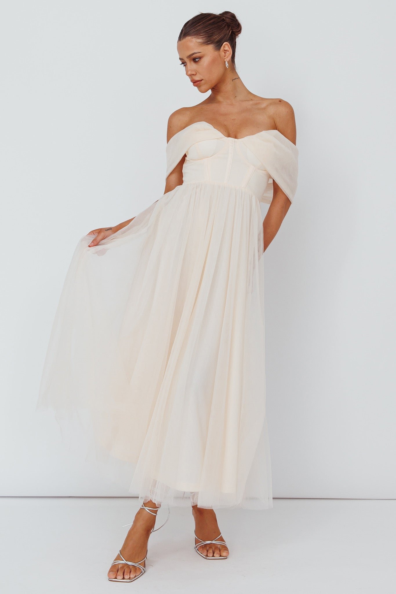 CM6198D_20VANILLA-1 Dreamers & Lovers Off-Shoulder Maxi Dress Vanilla - Image 1