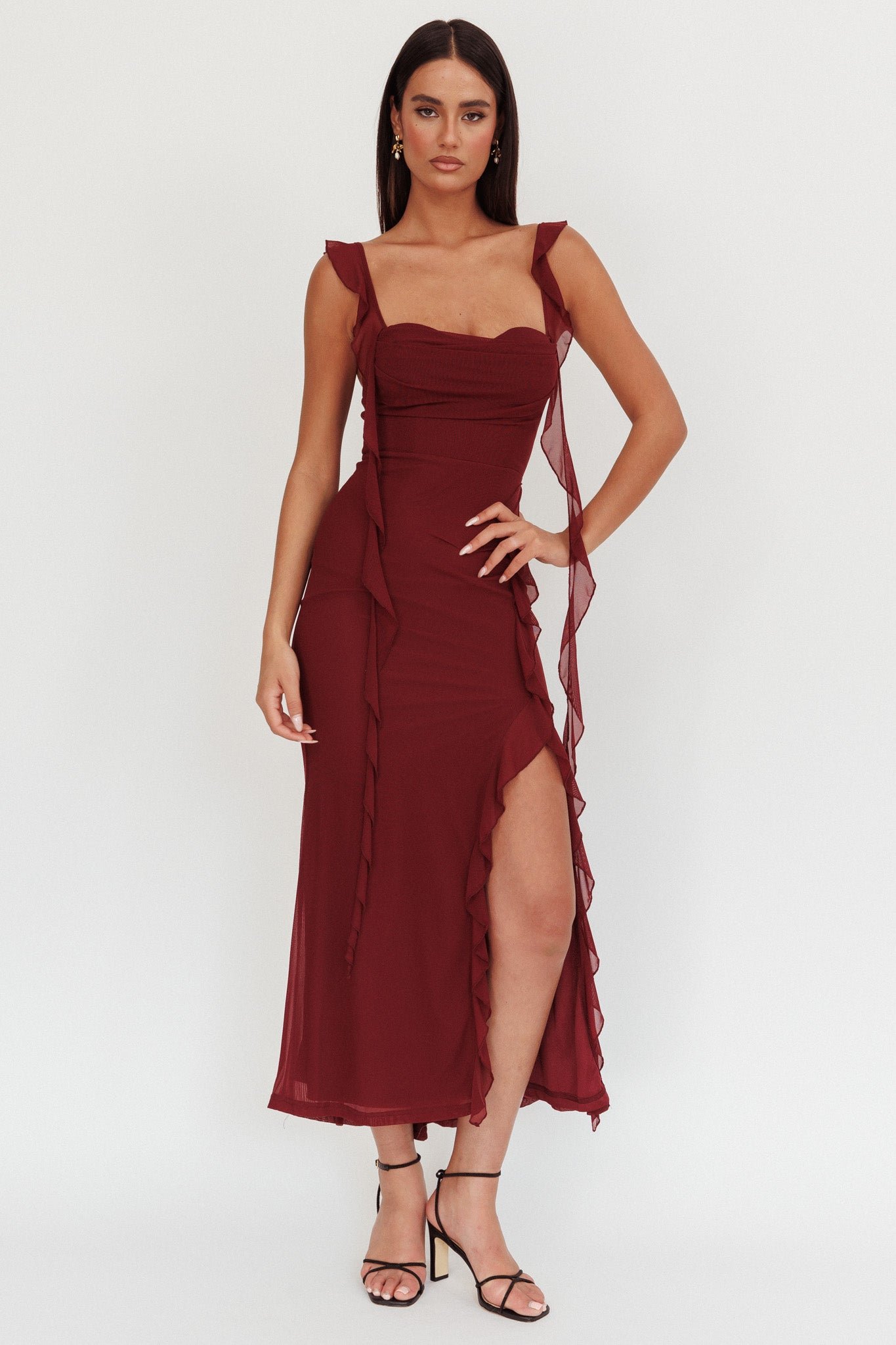 CM6210DB02_20WINE-1 Blushing Ruffle Trim Maxi Dress Wine - Image 1