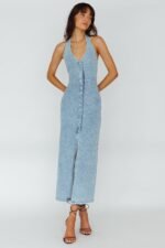 Renita Halterneck Button Maxi Dress Denim Blue - Image 3