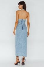 Renita Halterneck Button Maxi Dress Denim Blue - Image 2