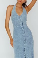 Renita Halterneck Button Maxi Dress Denim Blue - Image 4
