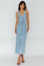 Renita Halterneck Button Maxi Dress Denim Blue - Image 5