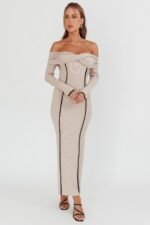Genesis Off-Shoulder Long Sleeve Maxi Dress Pebble - Image 4