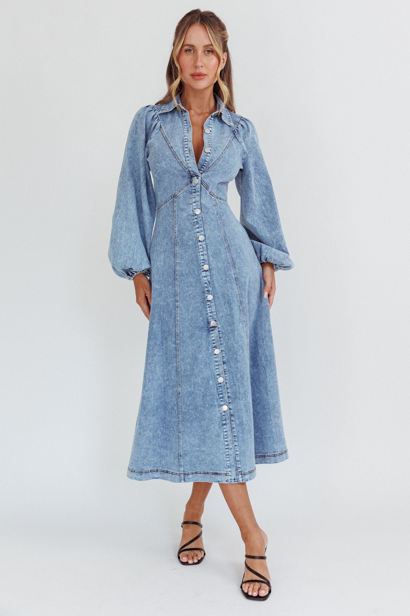 CM6378D_20DENIM_20BLUE-1 Ania Long Balloon Style Midi Dress Denim Blue - Image 1