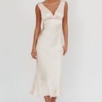 Leila V-Neck Low Back Satin Midi Dress Ivory