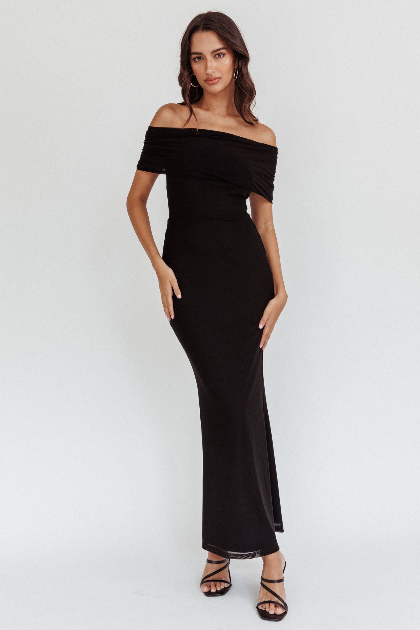 CM6398D_20BLACK-1 Aqaba Off-Shoulder Mesh Maxi Dress Black - Image 1