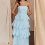 Giavana Strapless Layered Midi Dress Pale Blue