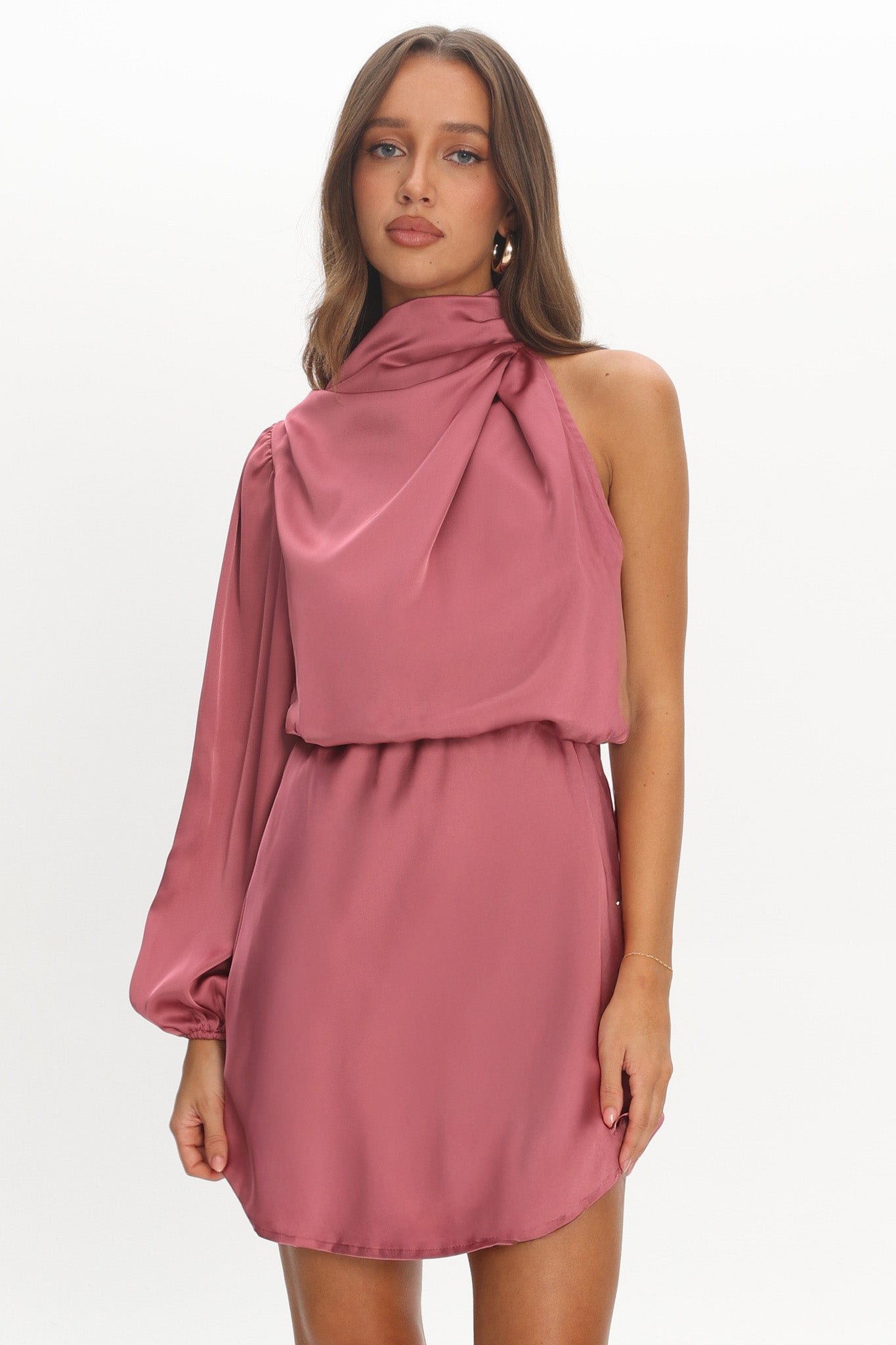 E3001J_DUSTYPINK_1 Can't Compete One Sleeve Satin Mini Dress Dusty Pink - Image 1