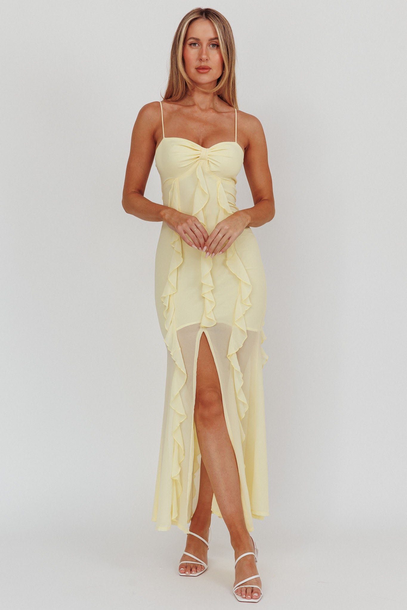 KA0084J_20LEMON-1 Frannie Vertical Ruffle Maxi Dress Lemon - Image 1