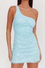 Disco Baby One-Shoulder Sequin Mini Dress Light Blue - Image 4