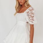 Abby Lace Puff Sleeve Tie-Up Back Dress White